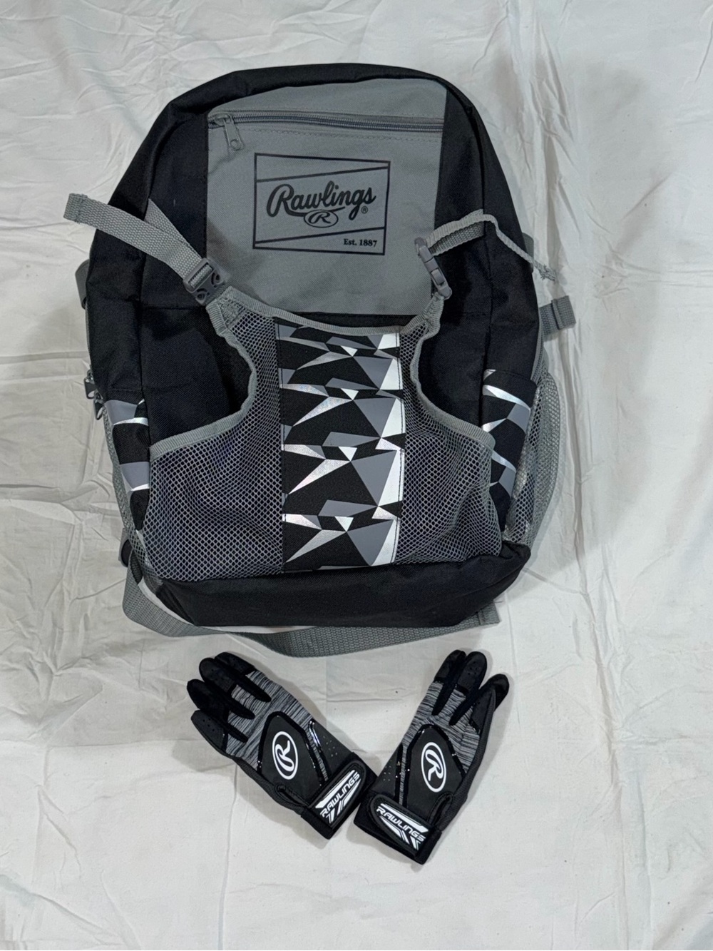 Rawlings Geometric Baseball Backpack Batting Gloves Black Gray Youth Set